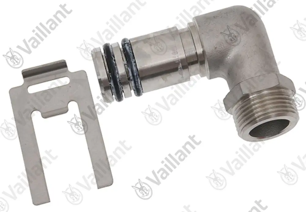 Vaillant Verbindungselement mit einem abgewinkelten Anschluss und einem Metallclip zur Befestigung, geeignet für Heizungs- oder Sanitärinstallationen.